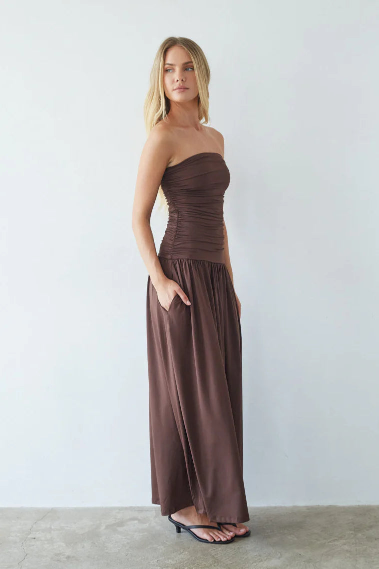 Strapless Ruched Drop-Waist Maxi Dress with Pockets | A-Line Occasion Dress