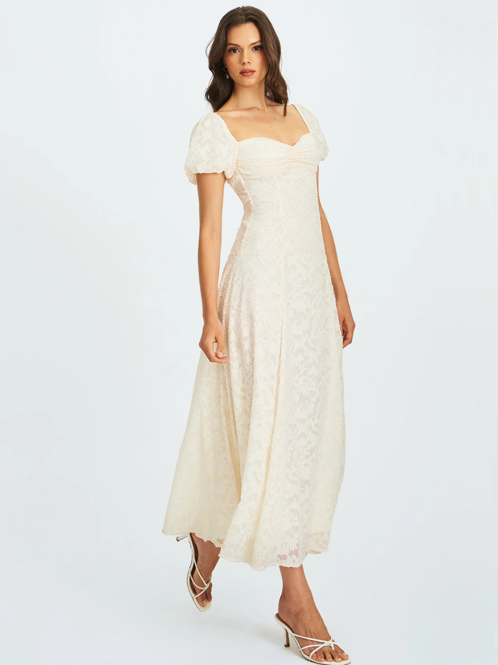 Ivory Floral Lace Puff Sleeve Midi Dress with Lace-Up Back | Sweetheart Bridal Dress