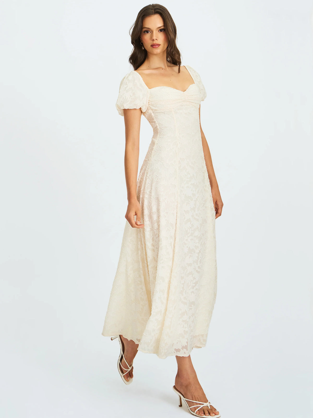 Ivory Floral Lace Puff Sleeve Midi Dress with Lace-Up Back | Sweetheart Bridal Dress