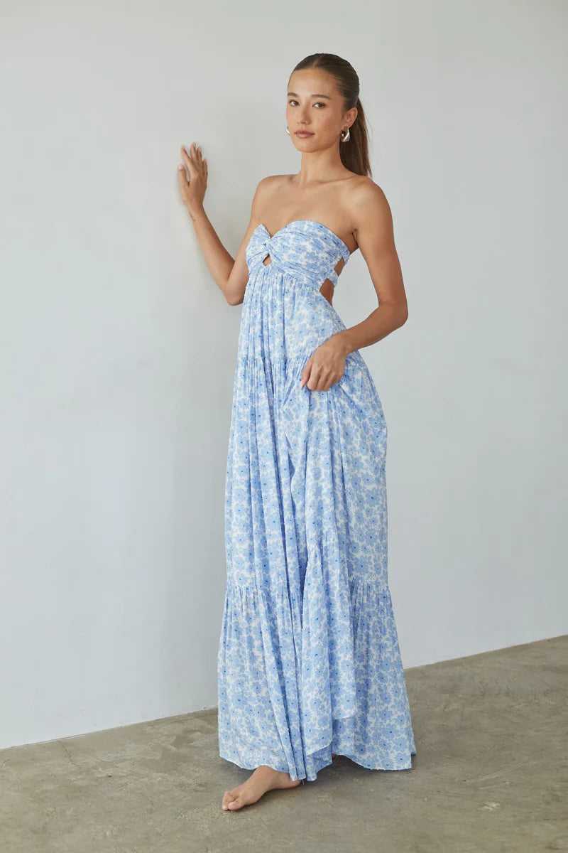 Floral Strapless Maxi Dress | Twist-Front Cutout Tiered Vacation Sundress