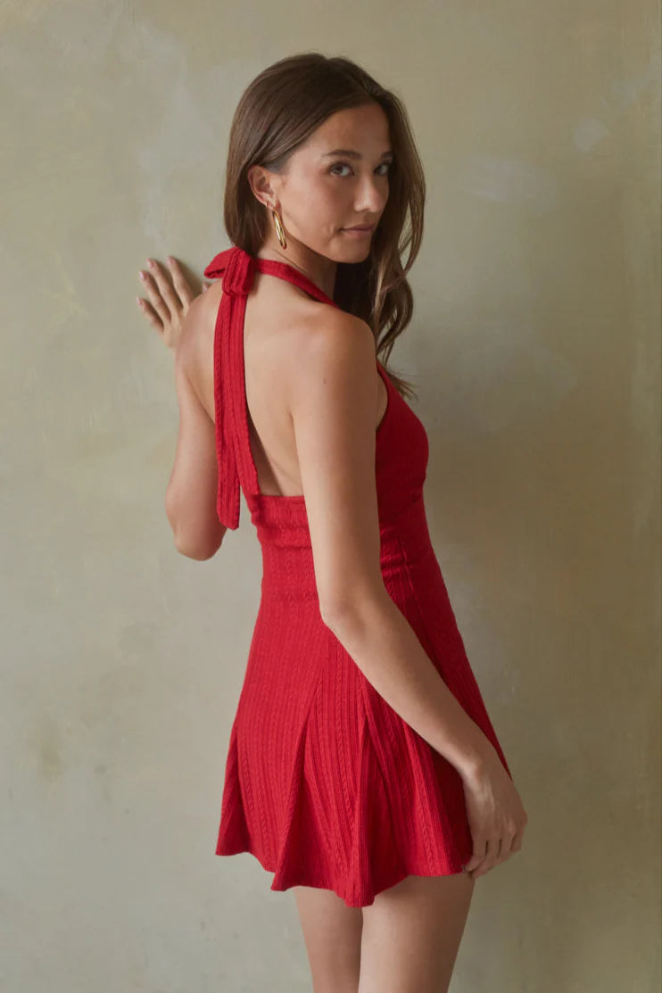 Red Halter Mini Dress | Deep V-Neck Textured Fit-and-Flare Party Dress