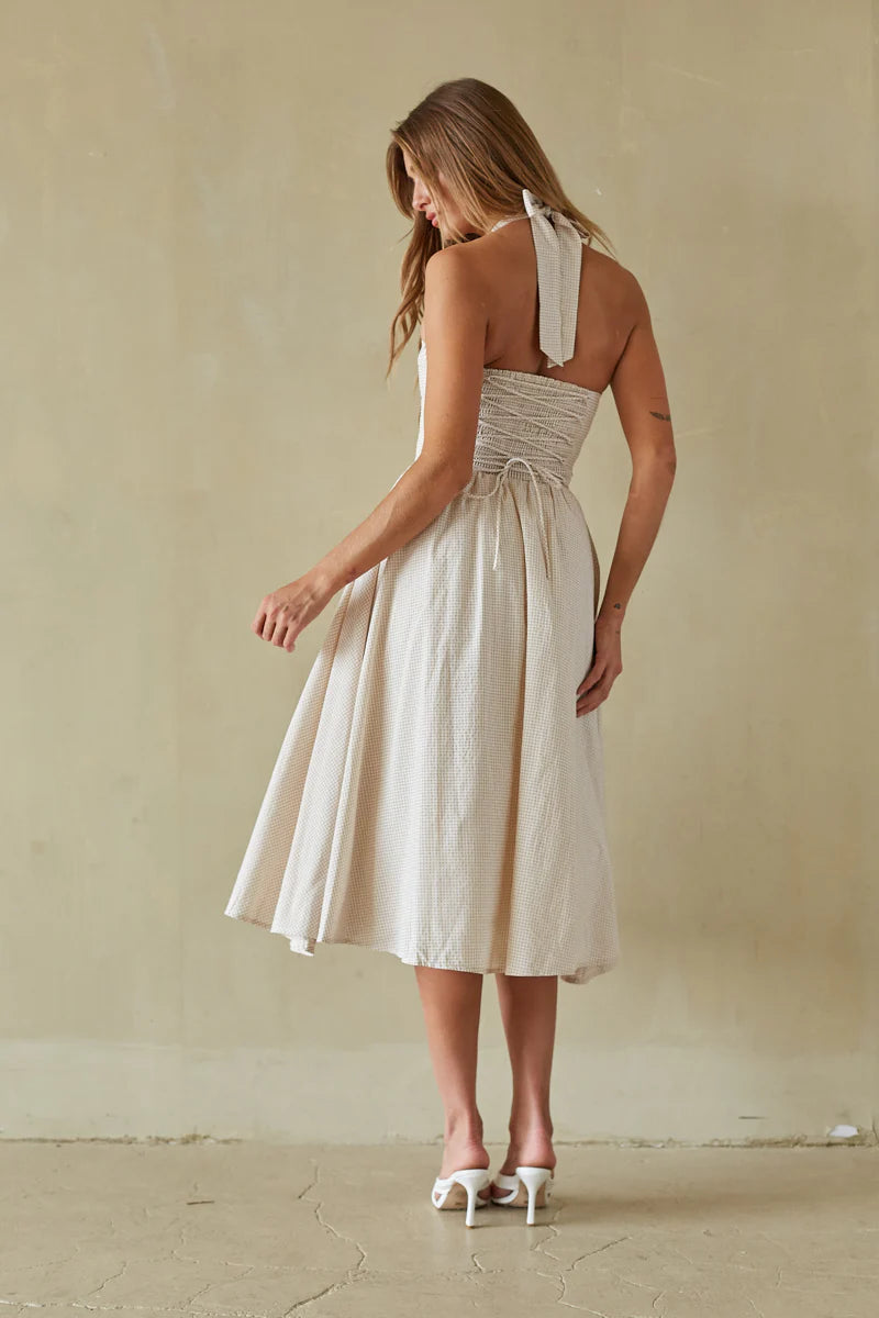 Gingham Halter Midi Dress | Lace-Up Back Corset-Style A-Line Sundress