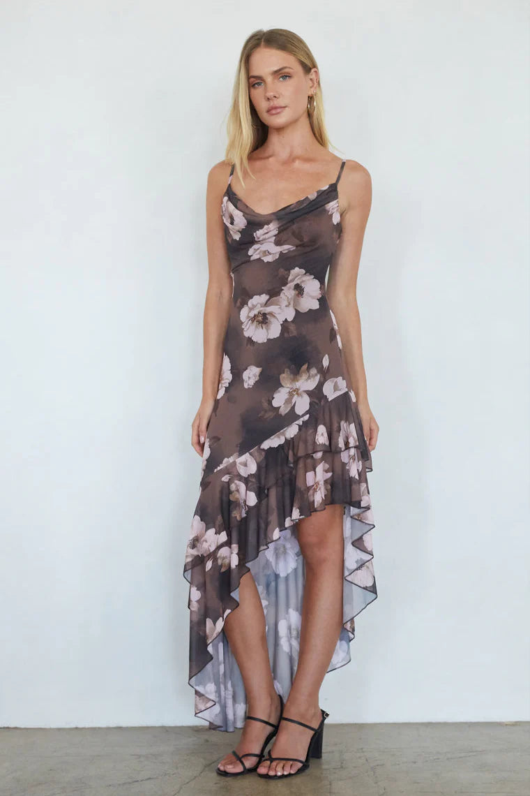 Dark Floral Cowl Neck Slip Dress | Asymmetric High-Low Ruffle Hem Dress