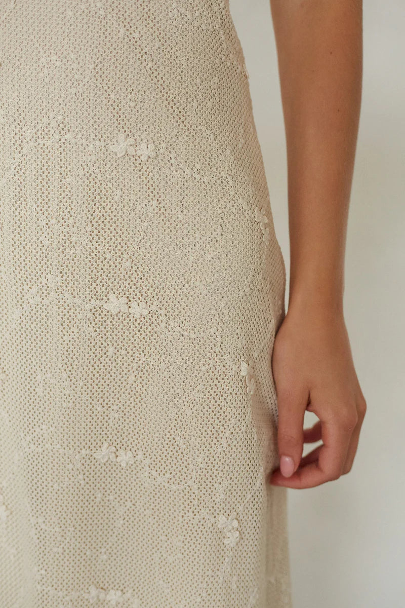 Ivory Floral Lace Halter Maxi Dress | Deep V-Neck Open-Back Occasion Dress