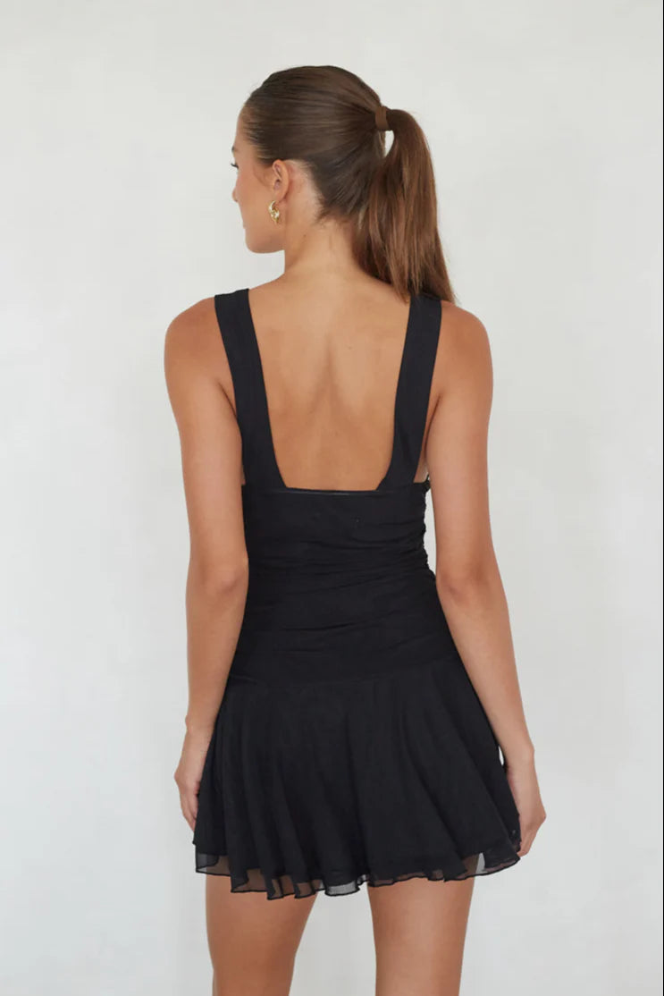 Black V-Neck Ruched Mini Dress | Sleeveless Drop-Waist Ruffle Hem Party Dress