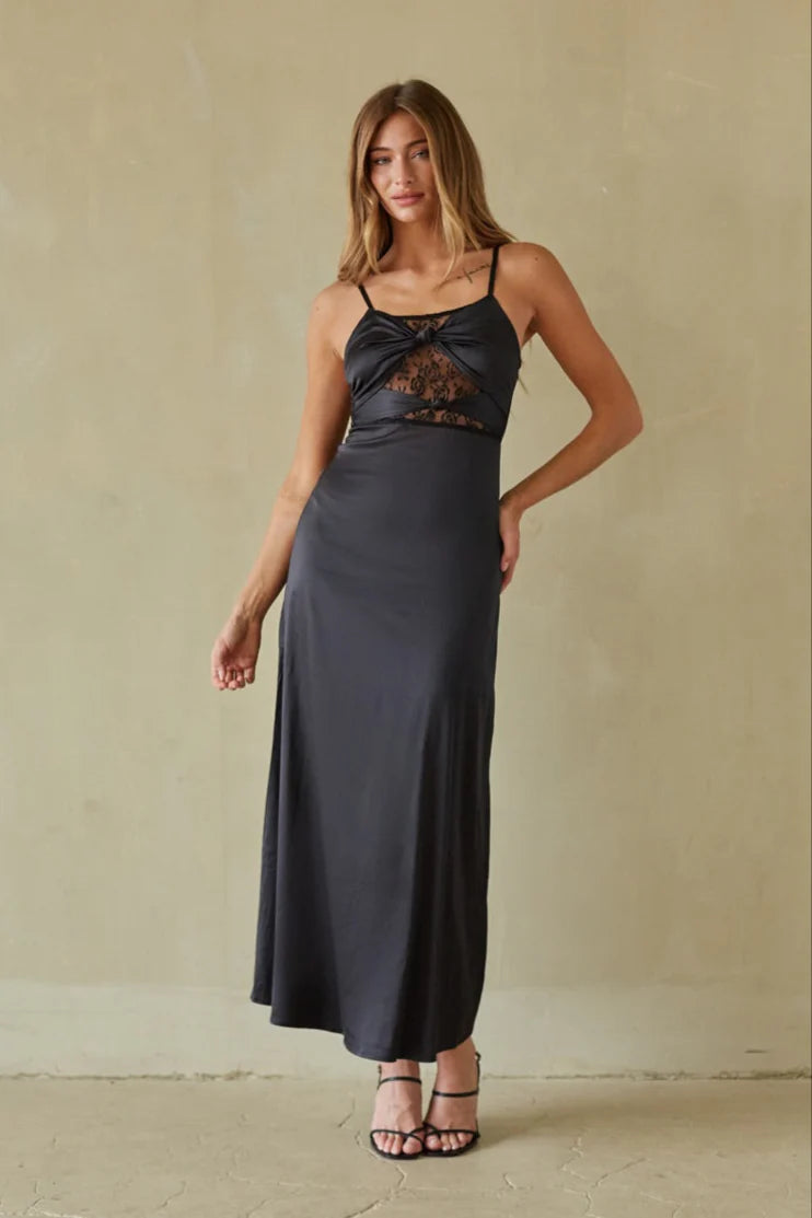 Black Lace Panel Maxi Slip Dress | Twist-Front Satin-Look Evening Dress