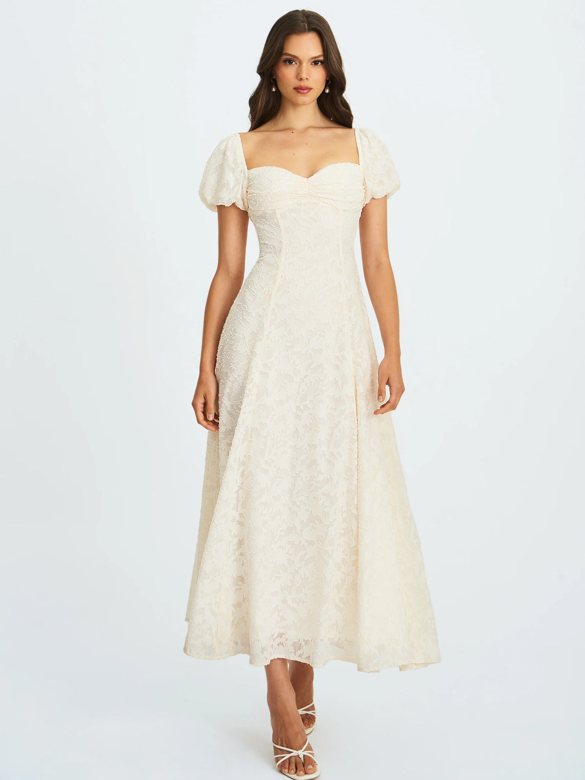 Ivory Floral Lace Puff Sleeve Midi Dress with Lace-Up Back | Sweetheart Bridal Dress