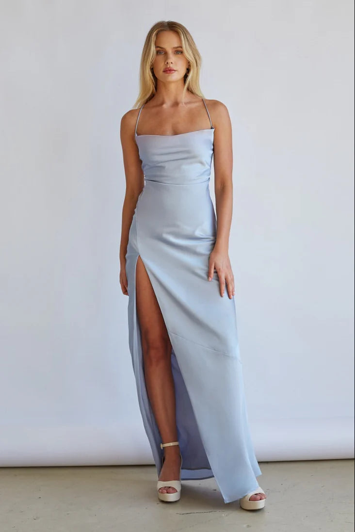 Light Blue Cowl Neck Maxi Dress | Lace-Up Open-Back High-Slit Evening Dress