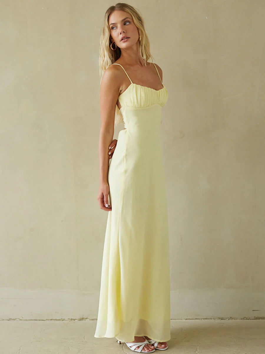 Spaghetti Strap Maxi Slip Dress | Ruched Bust Twist-Back Cutout Occasion Dress
