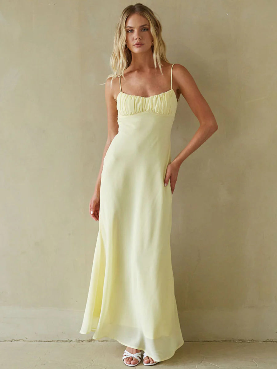 Spaghetti Strap Maxi Slip Dress | Ruched Bust Twist-Back Cutout Occasion Dress