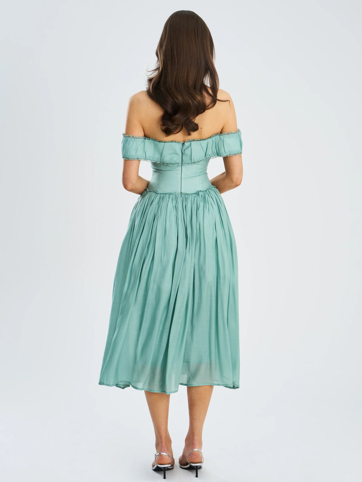 Seafoam Green Off-Shoulder Corset-Style Midi Dress | Lace-Trim A-Line Wedding Guest Dress