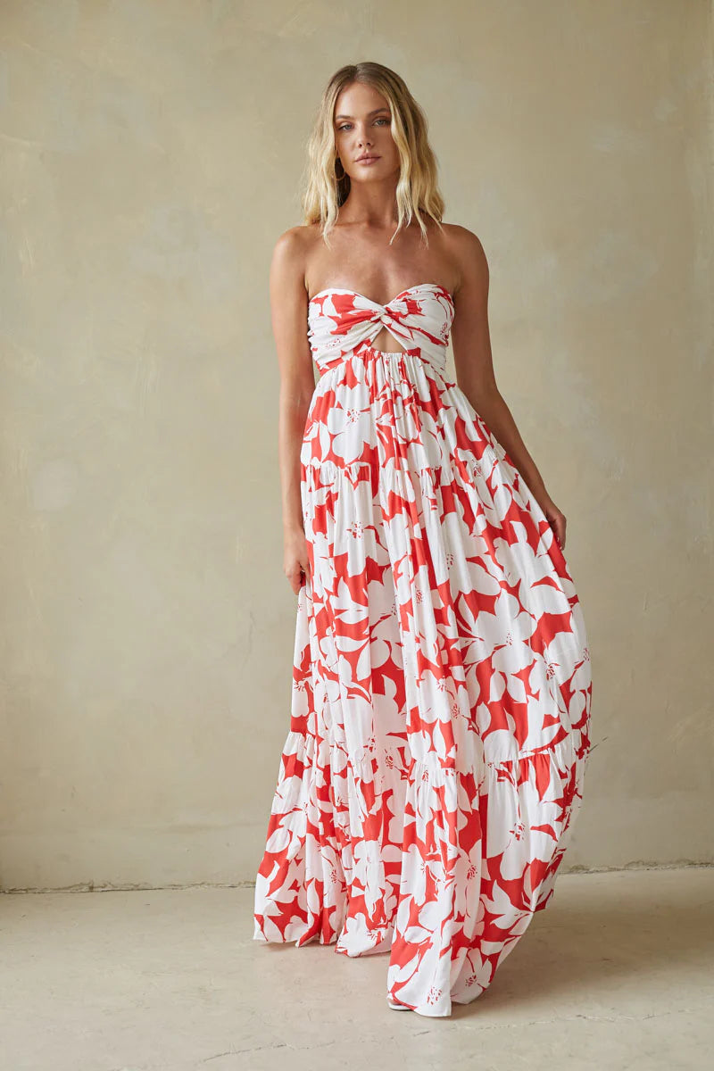 Floral Strapless Maxi Dress | Twist-Front Cutout Tiered Vacation Sundress