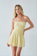 Pale Yellow Strapless Sequin Mini Dress | Ruched Tiered Ruffle Party Dress