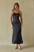 Black Lace Panel Maxi Slip Dress | Twist-Front Satin-Look Evening Dress