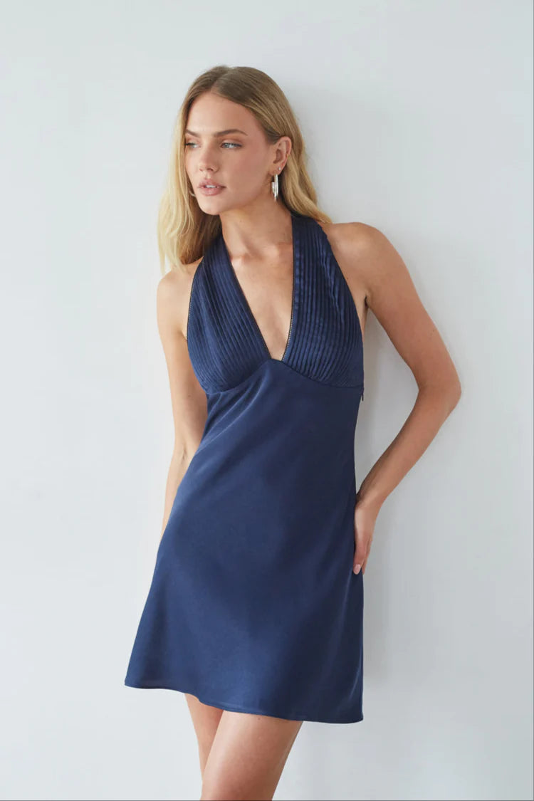 Navy Blue Halter Mini Dress | Pleated Deep V-Neck Open-Back Party Dress