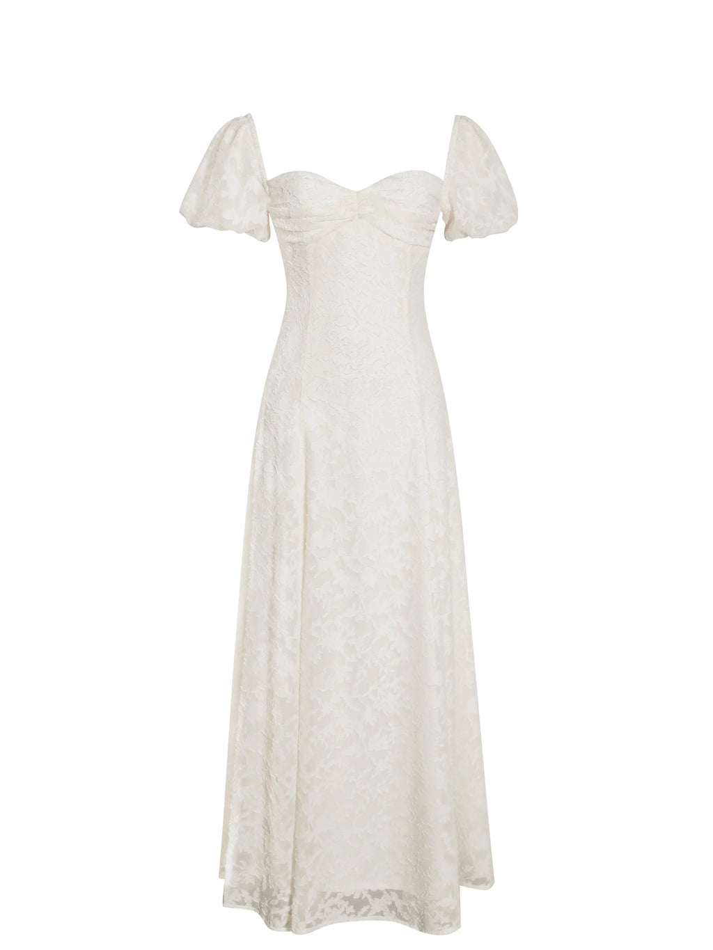 Ivory Floral Lace Puff Sleeve Midi Dress with Lace-Up Back | Sweetheart Bridal Dress