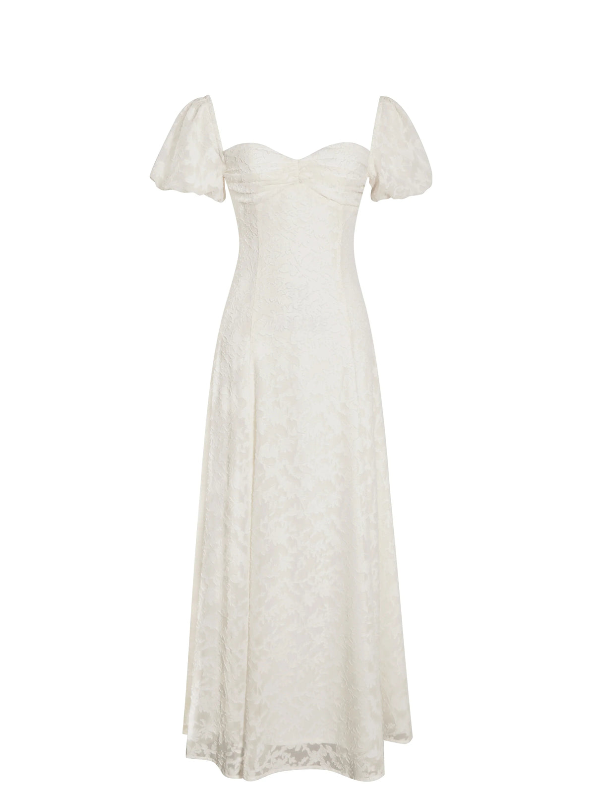 Ivory Floral Lace Puff Sleeve Midi Dress with Lace-Up Back | Sweetheart Bridal Dress