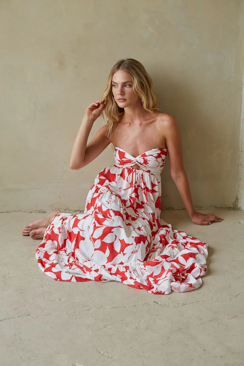 Floral Strapless Maxi Dress | Twist-Front Cutout Tiered Vacation Sundress