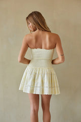 Ivory Strapless Smocked Mini Dress | Drop-Waist Eyelet Lace-Trim Sundress