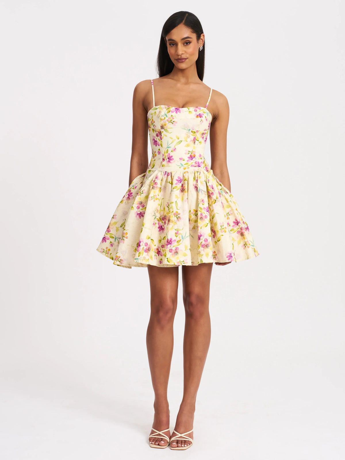 Ivory Floral Corset-Style Mini Dress with Pockets | Spaghetti Strap A-Line Party Dress