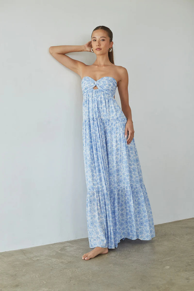 Floral Strapless Maxi Dress | Twist-Front Cutout Tiered Vacation Sundress