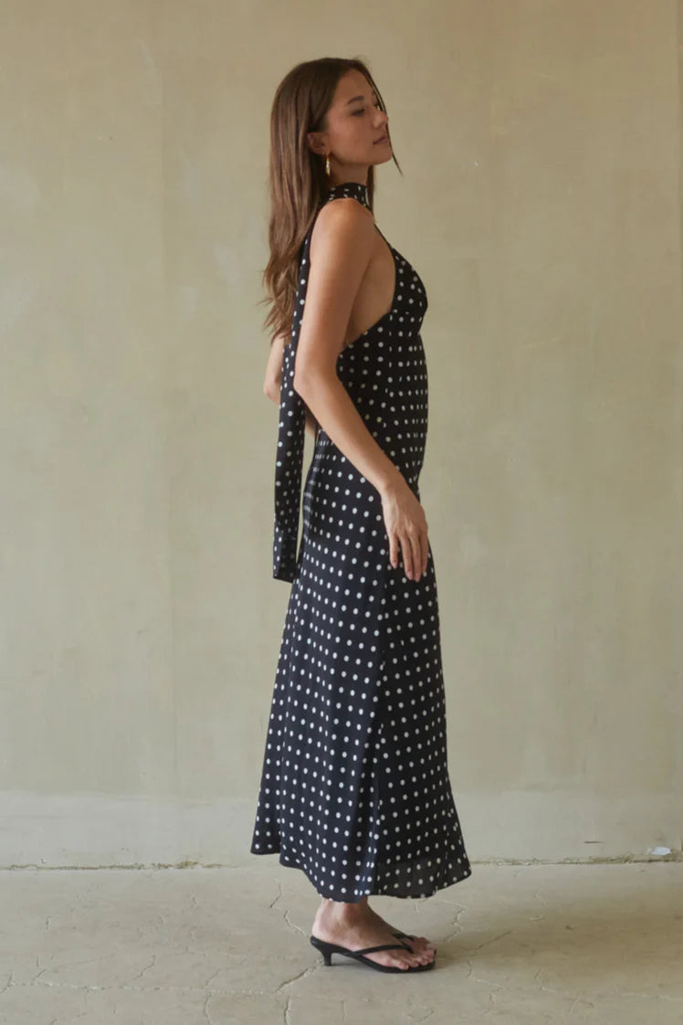 Black Polka Dot Slip Maxi Dress | V-Neck Open-Back Spaghetti Strap Dress