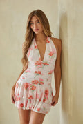 Pink Floral Halter Mini Dress | Ruched Waist Tiered Ruffle Open-Back Dress