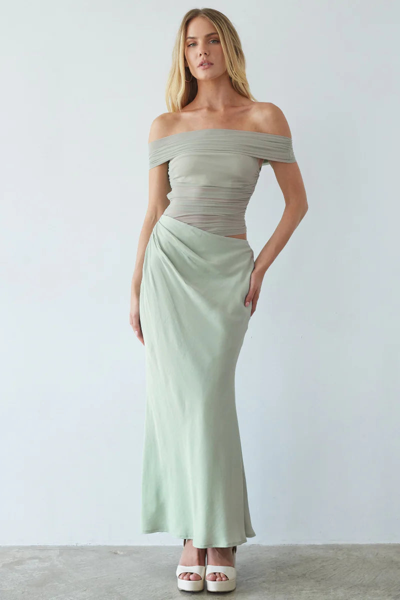 Sage Green Off-Shoulder Maxi Dress | Ruched Waist-Cutout Draped Evening Dress