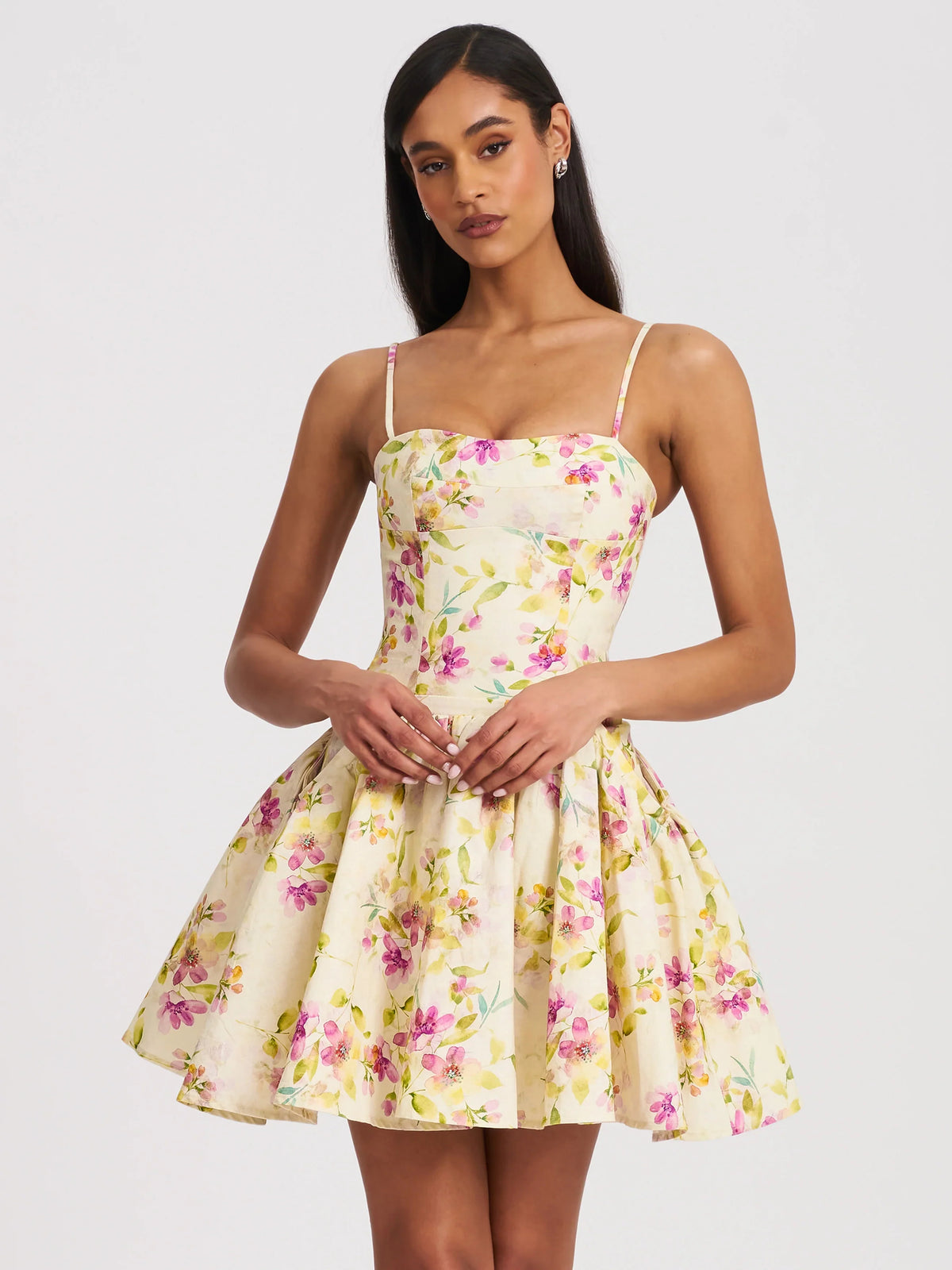 Ivory Floral Corset-Style Mini Dress with Pockets | Spaghetti Strap A-Line Party Dress