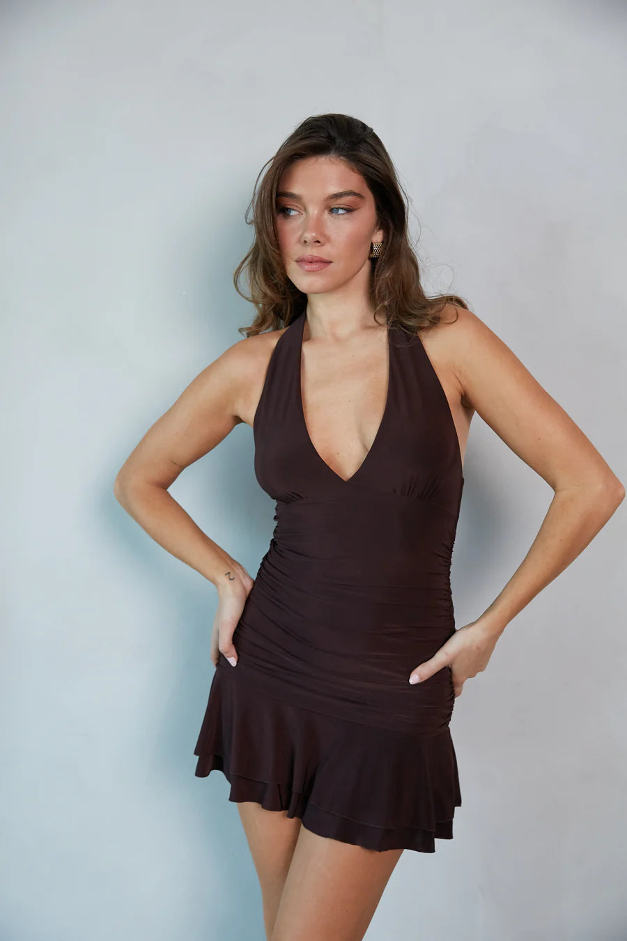 Chocolate Brown Halter Mini Dress | Deep V-Neck Ruched Open-Back Party Dress