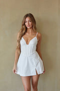 Deep V-Neck Corset Mini Dress | Lace-Up Back A-Line Party Dress with Slit