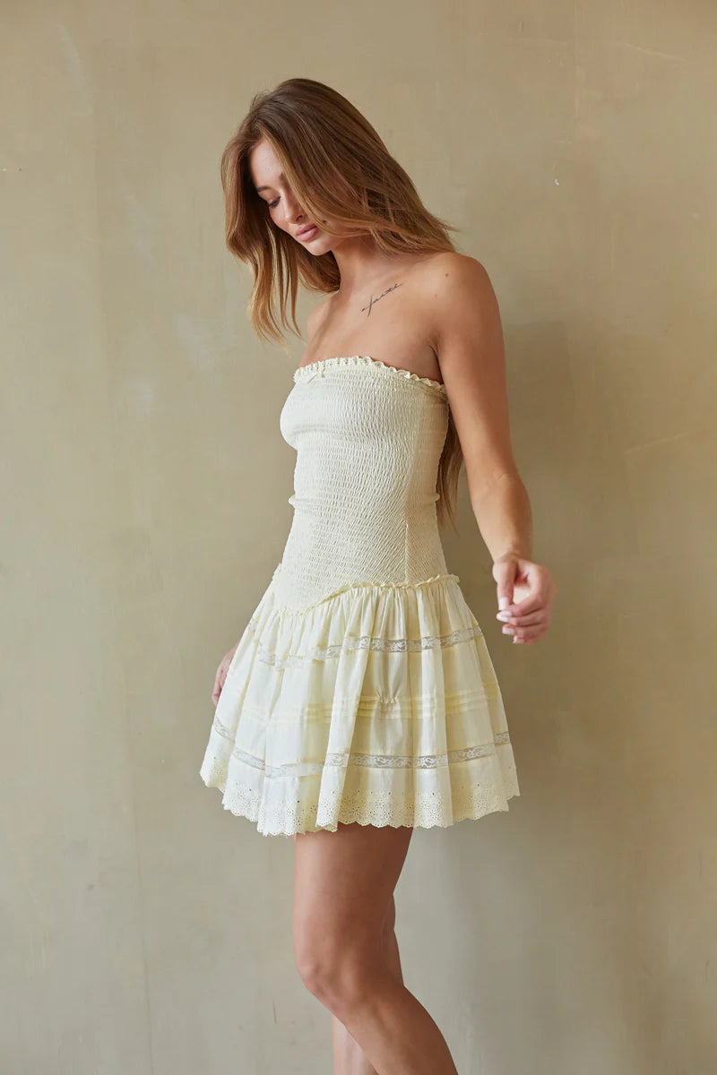 Ivory Strapless Smocked Mini Dress | Drop-Waist Eyelet Lace-Trim Sundress