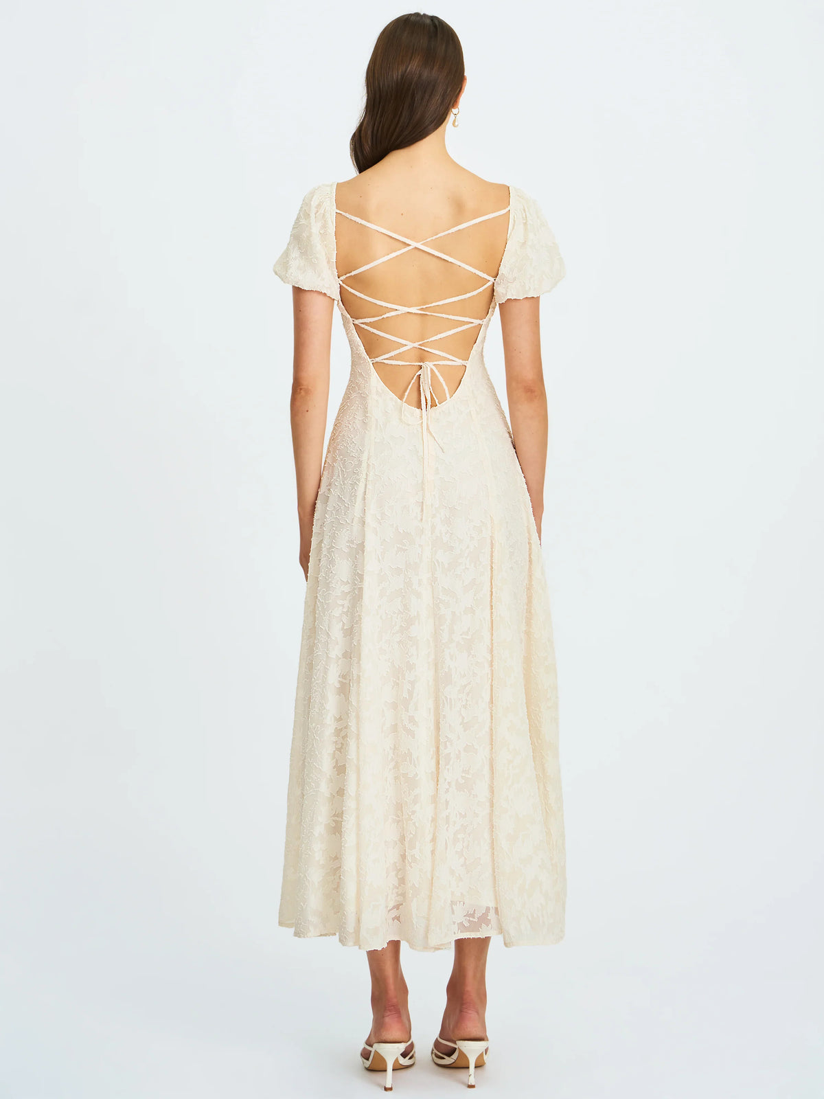 Ivory Floral Lace Puff Sleeve Midi Dress with Lace-Up Back | Sweetheart Bridal Dress