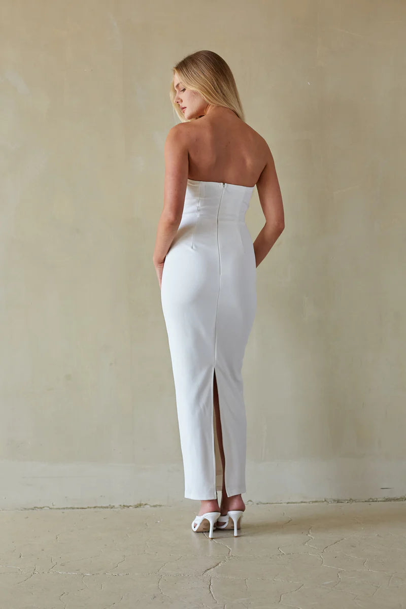 White Strapless Column Maxi Dress | Asymmetric Neckline Bridal Occasion Dress