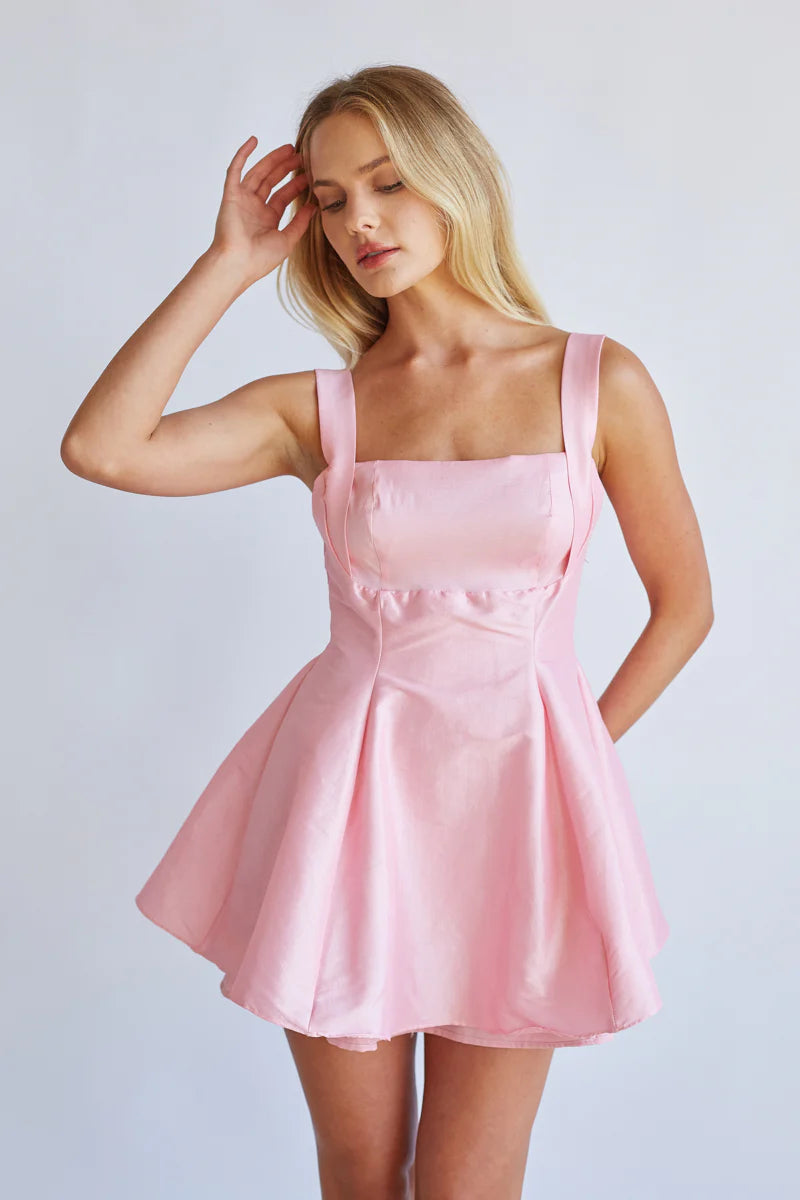 Pink Bow-Back Mini Dress | Square Neck Pleated Fit-and-Flare Party Dress