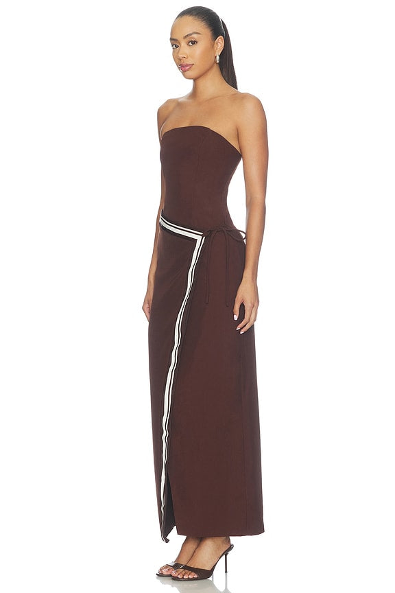 Chocolate Brown Strapless Maxi Dress with Contrast Trim | Wrap-Effect Evening Dress