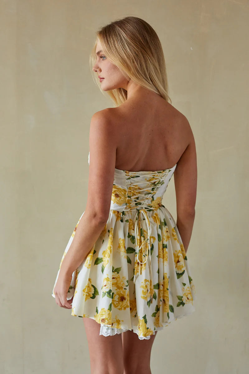 Strapless Lace-Trim Corset Mini Dress | Lace-Up Back Fit-and-Flare Sundress