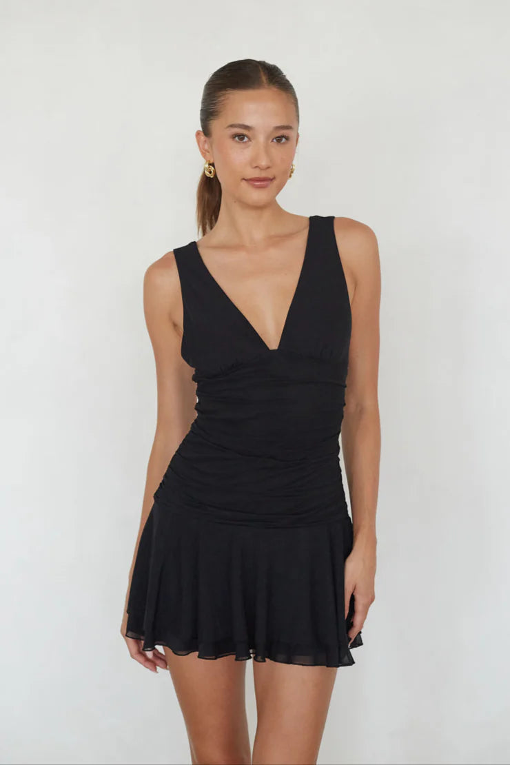 Black V-Neck Ruched Mini Dress | Sleeveless Drop-Waist Ruffle Hem Party Dress