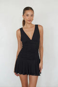 Black V-Neck Ruched Mini Dress | Sleeveless Drop-Waist Ruffle Hem Party Dress