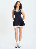 Navy Sailor Collar Mini Dress | Sleeveless Pleated A-Line Preppy Dress with White Trim
