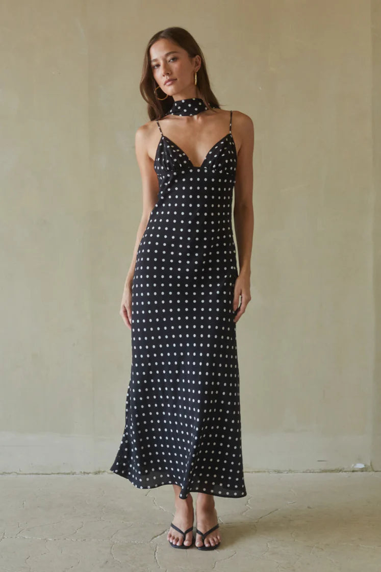 Black Polka Dot Slip Maxi Dress | V-Neck Open-Back Spaghetti Strap Dress