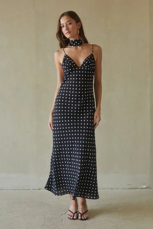 Black Polka Dot Slip Maxi Dress | V-Neck Open-Back Spaghetti Strap Dress