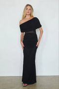 Black Asymmetric Off-Shoulder Maxi Dress | Ruched Mesh-Waist Evening Gown