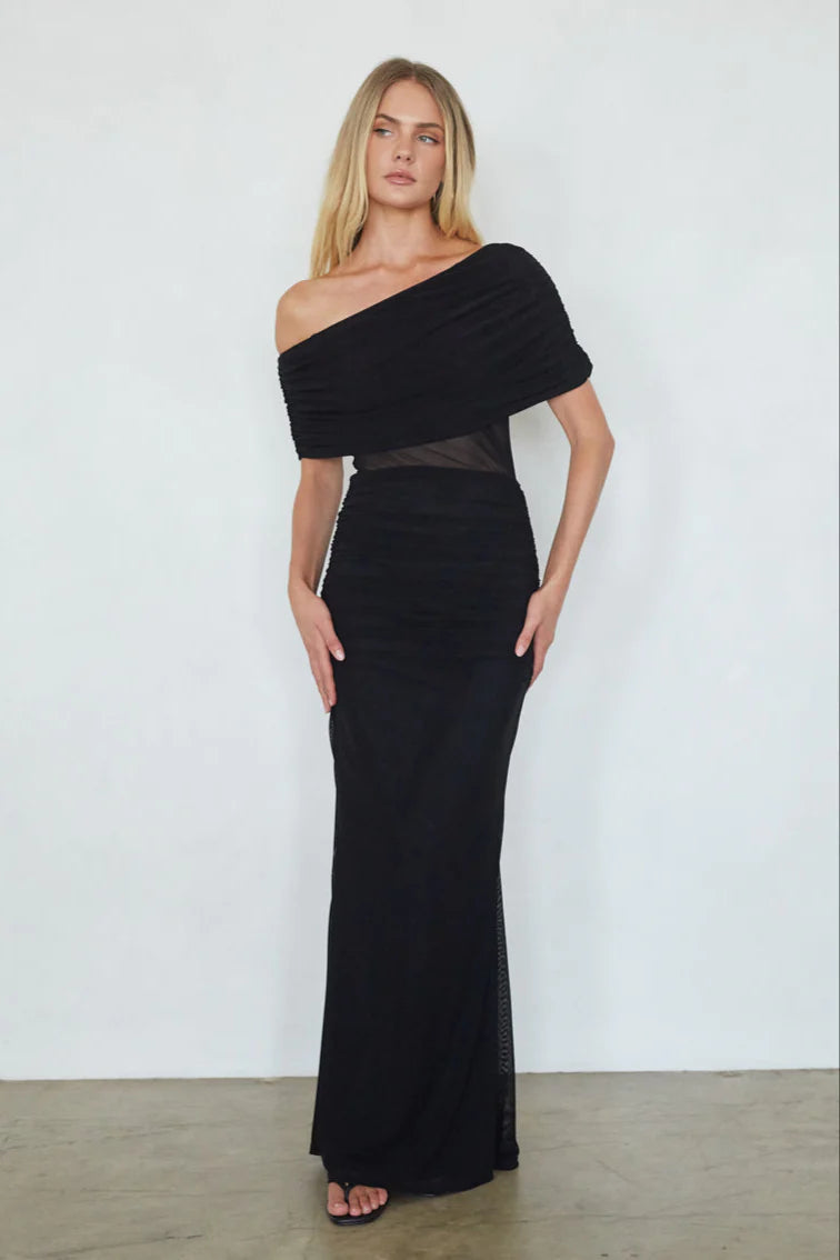 Black Asymmetric Off-Shoulder Maxi Dress | Ruched Mesh-Waist Evening Gown