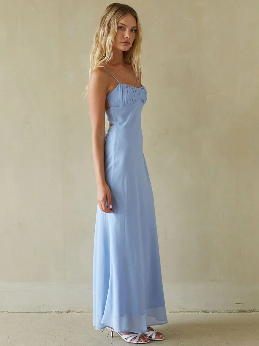 Spaghetti Strap Maxi Slip Dress | Ruched Bust Twist-Back Cutout Occasion Dress