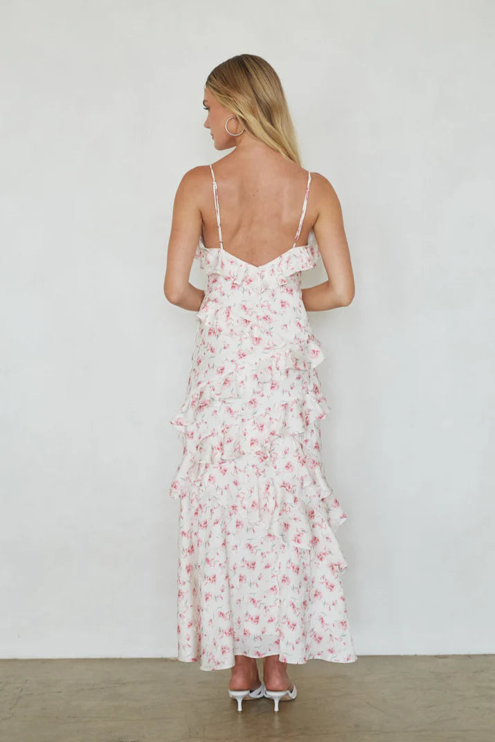 Ivory Pink Floral Ruffle Maxi Dress | V-Neck Spaghetti Strap Occasion Dress