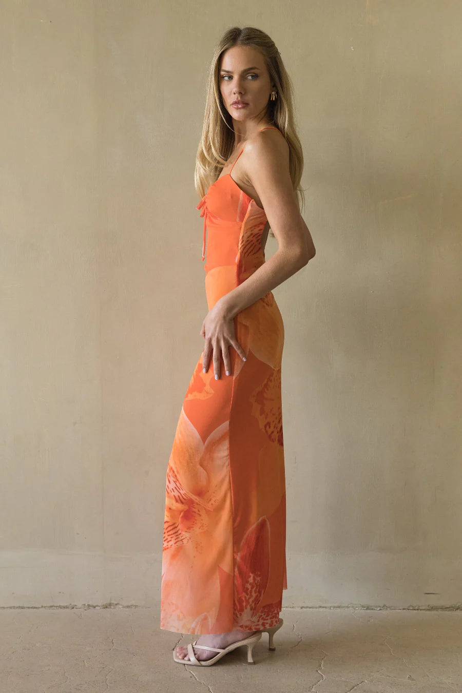 Orange Floral Maxi Slip Dress | Tie-Front Cross-Back Vacation Dress
