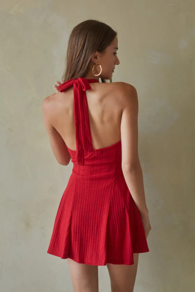Red Halter Mini Dress | Deep V-Neck Textured Fit-and-Flare Party Dress