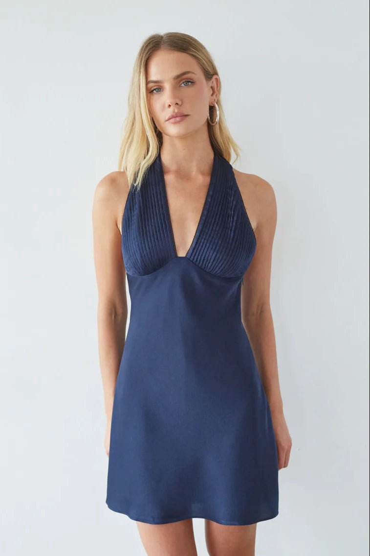 Navy Blue Halter Mini Dress | Pleated Deep V-Neck Open-Back Party Dress