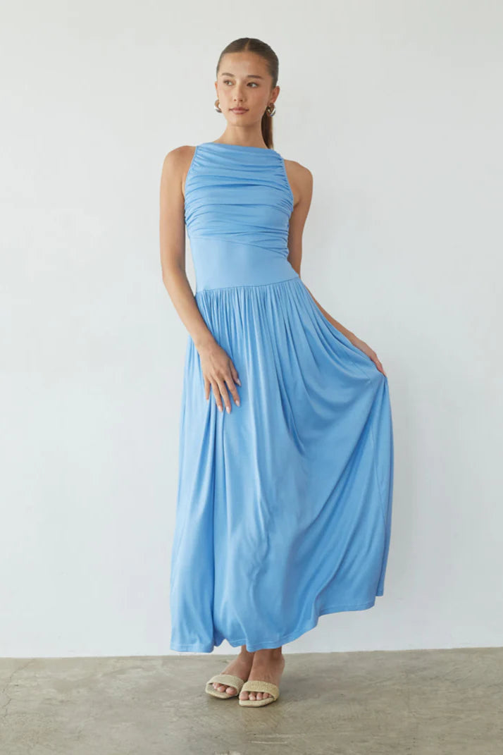 Sleeveless Ruched Maxi Dress | High Neck Drop-Waist Flowy Occasion Dress
